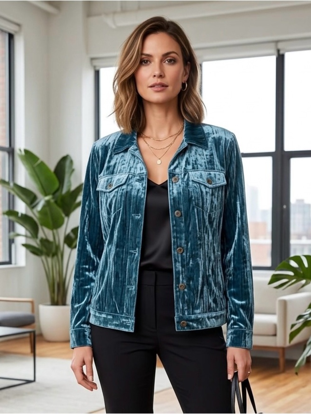 Alfred Dunner Harvest Moon Teal Crushed Velvet Button Up Jacket